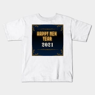 happy new year 2021 holiday retro vintage theme blue gold yellow brown border pattern Kids T-Shirt